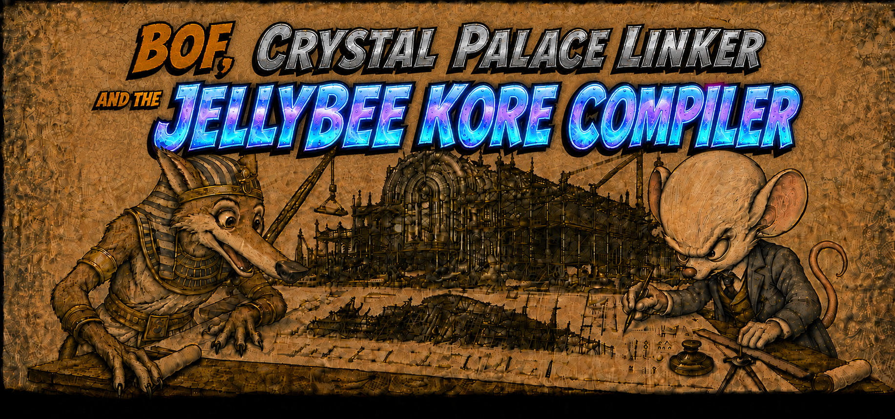 An Egyptian coyote and Brain in front of Crystal Palace under the bioluminescent title BOF, Crystal Palace Linker and The JellyBee KORE Compiler