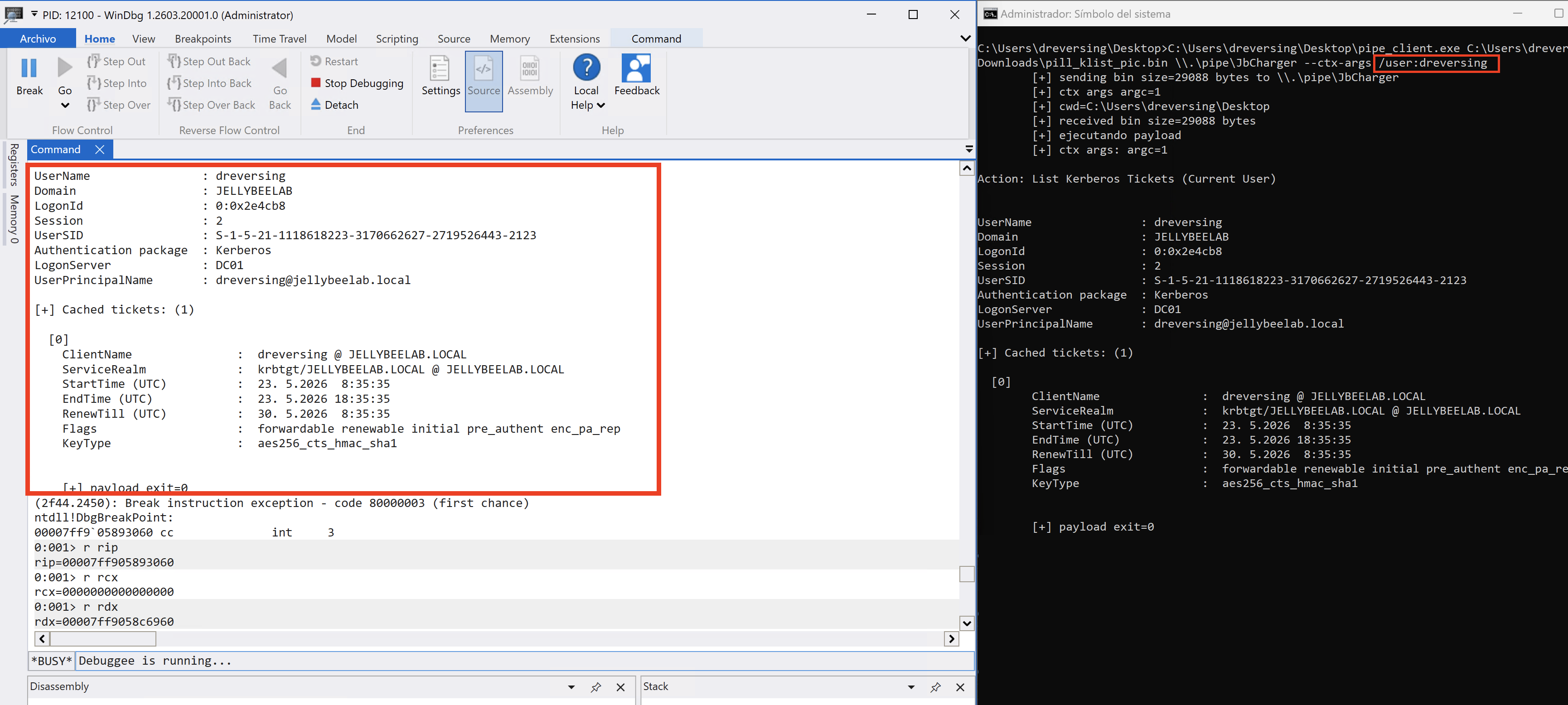 Execution with ctx args from the loader and output visible in WinDbg