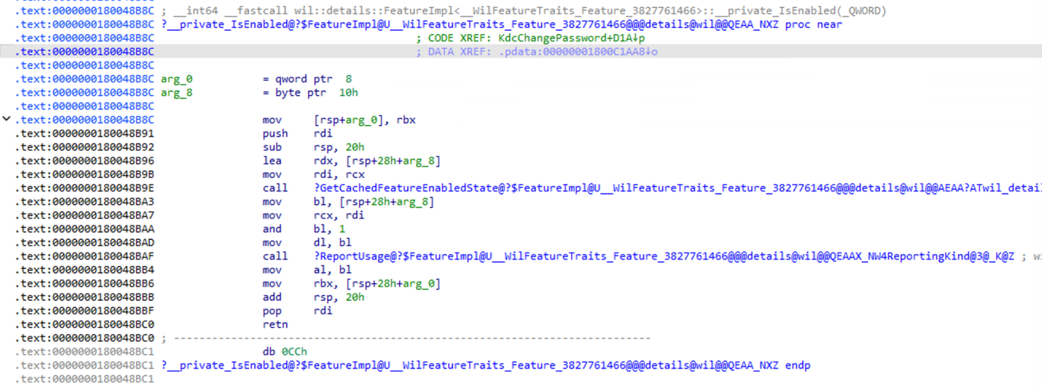 IDA shows the added feature and its reference from KdcChangePassword.