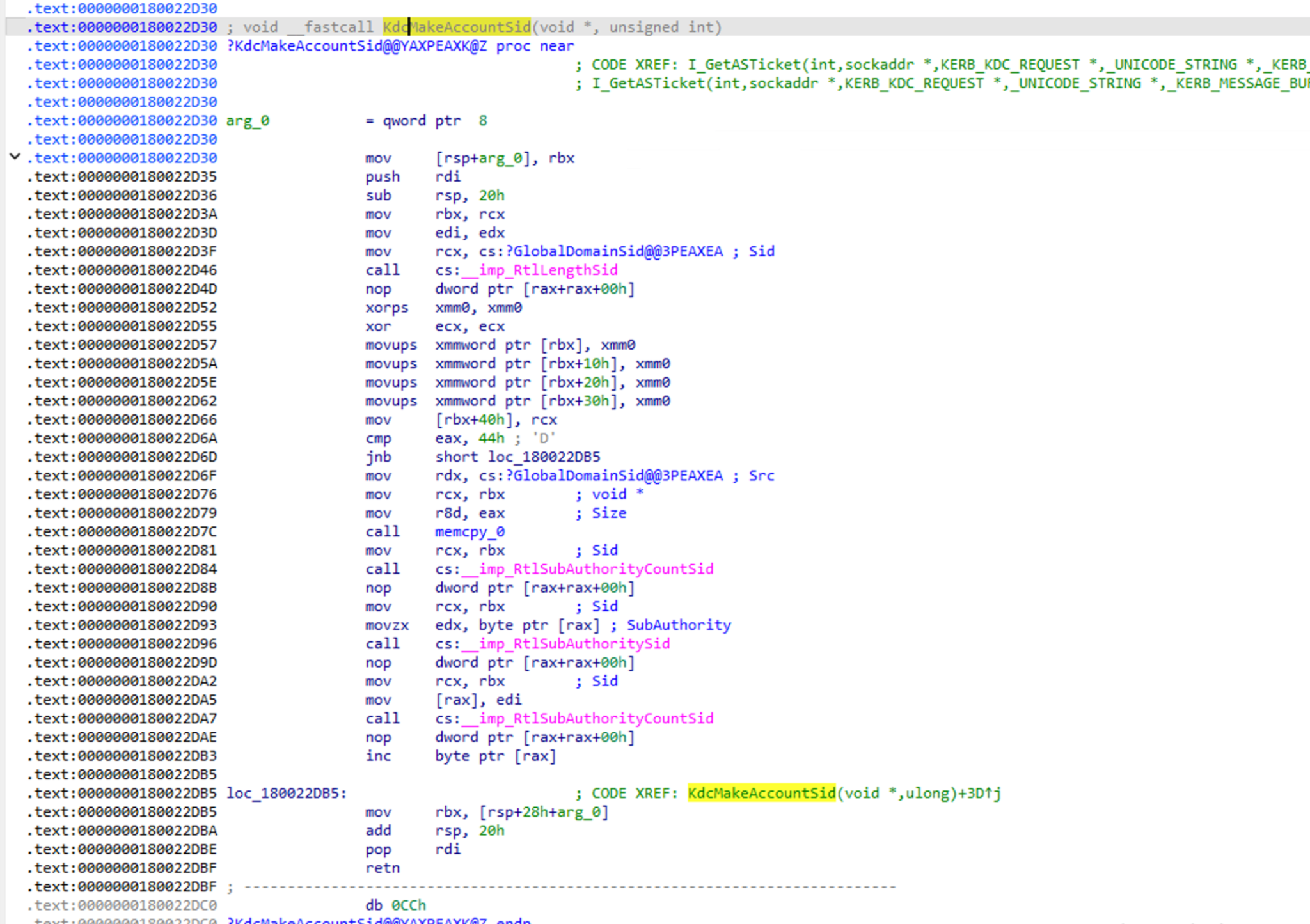 IDA shows KdcMakeAccountSid building a SID from the domain and RID.