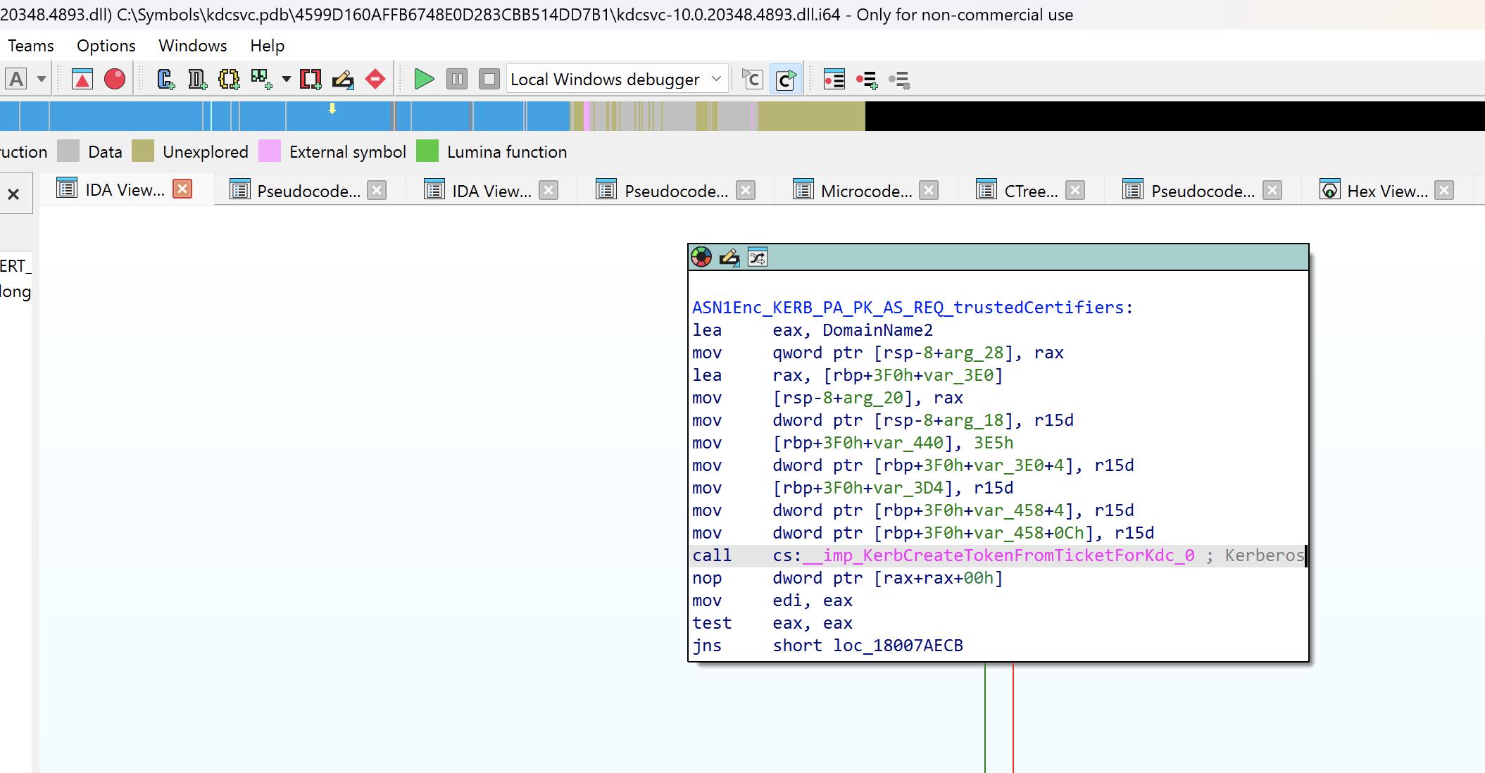IDA shows the call to KerbCreateTokenFromTicketForKdc inside KdcChangePassword in kdcsvc.dll 20348.4893.
