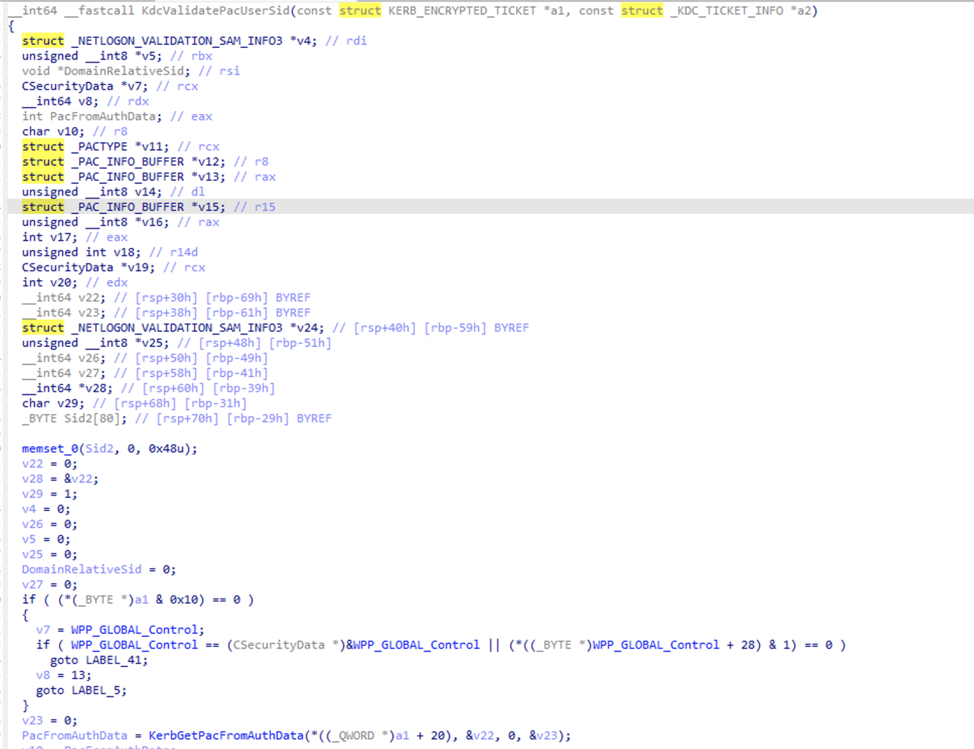IDA shows the KdcValidatePacUserSid signature with KERB_ENCRYPTED_TICKET and KDC_TICKET_INFO.
