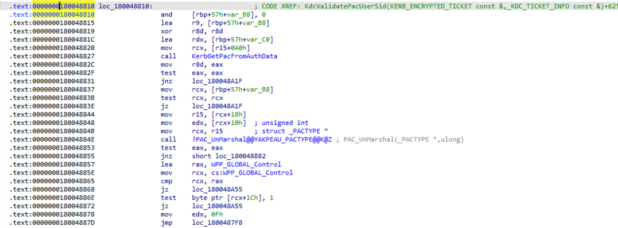 IDA shows KerbGetPacFromAuthData followed by PAC_UnMarshal.